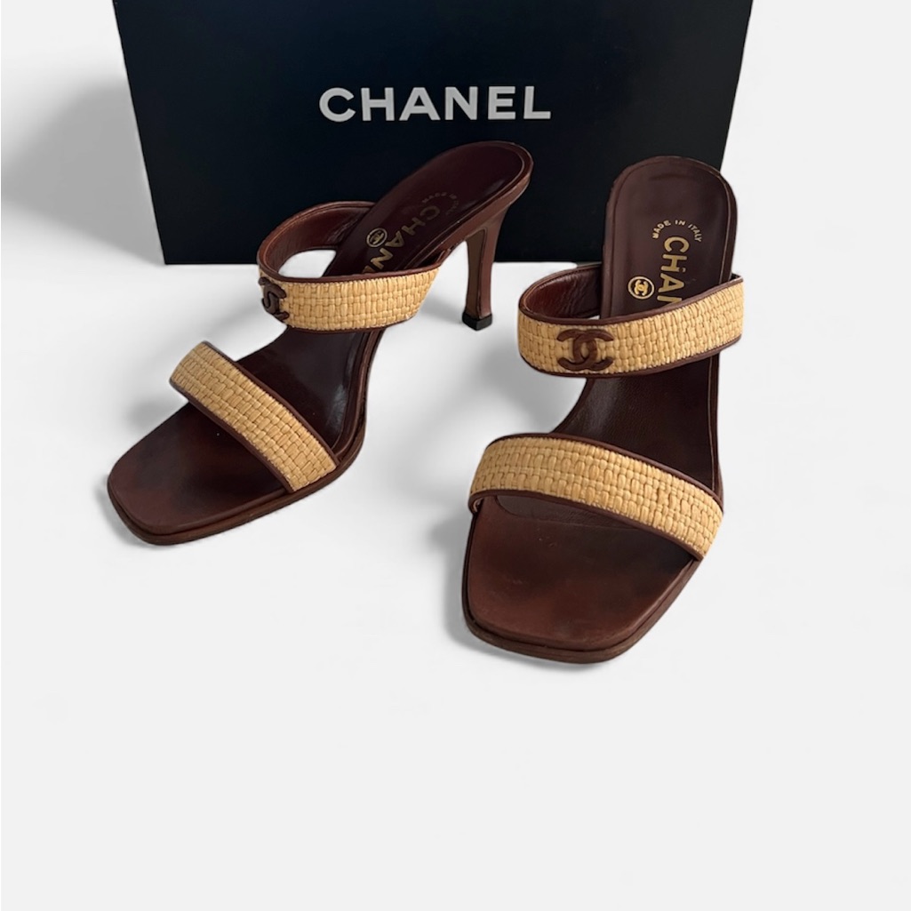 Chanel Vintage Cc Leather & Rattan Heeled Sandals | Size Eu 36